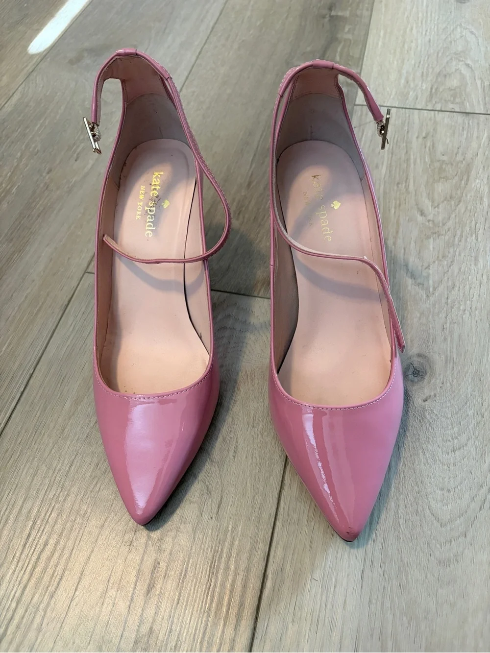 kate spade Pink Patent Pointed-Toe Pumps with Ankle Strap size 6.5